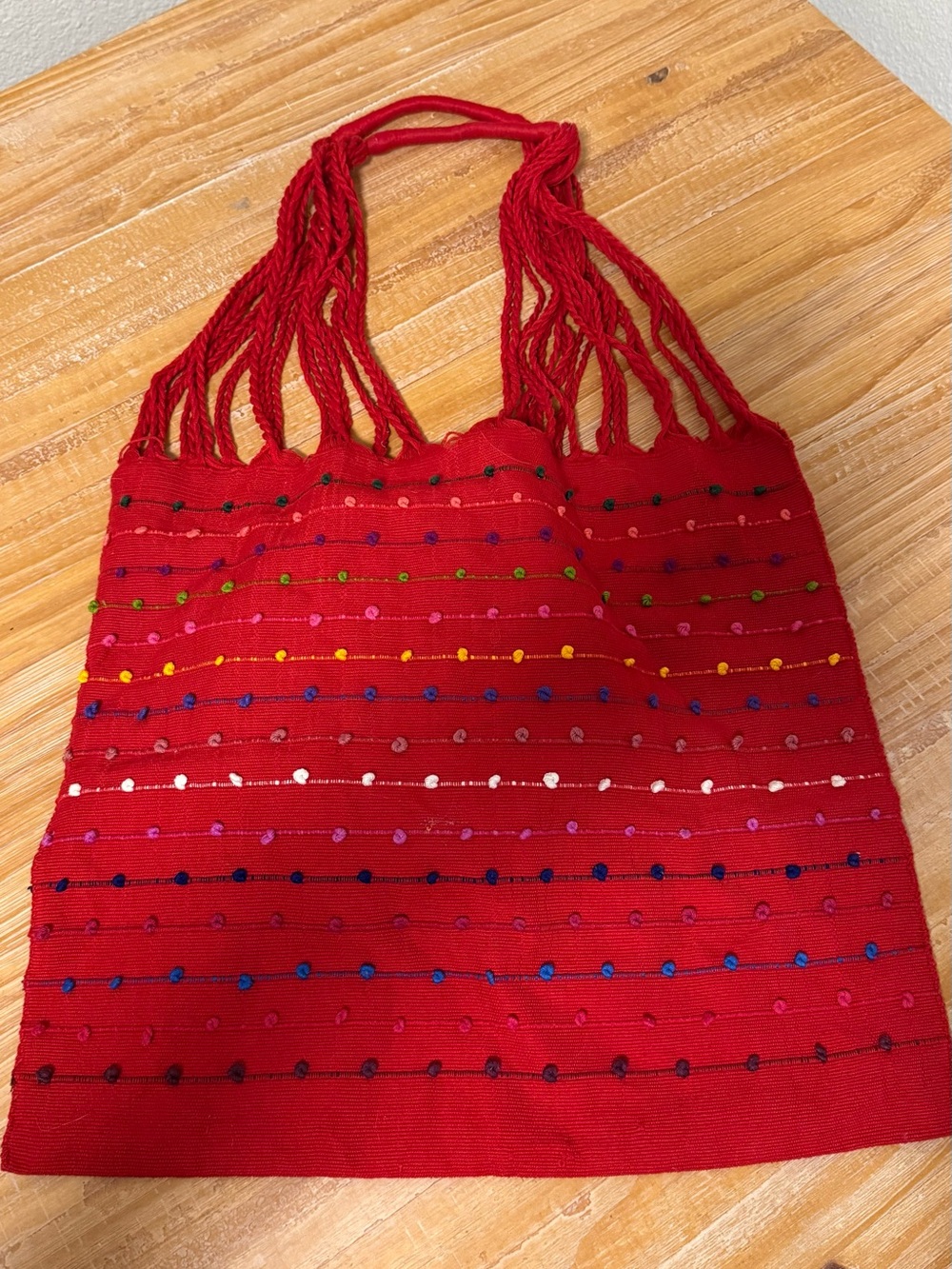 Red Handwoven Tassel Bag with Multicolor Embroidery